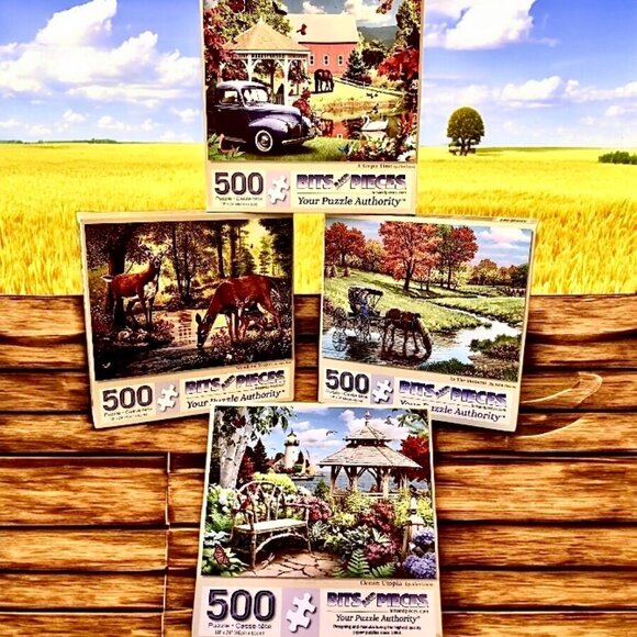 Bits & Pieces Puzzle Lot of 4 Puzzles 500 Pieces Scenery Horses Deer Ducks Birds - Picture 1 of 11